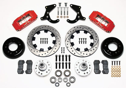 55-57 CHEVY FULL DISC BRAKE KIT,12" DRILLED ROTORS,6/4 PISTON RED CALIPERS