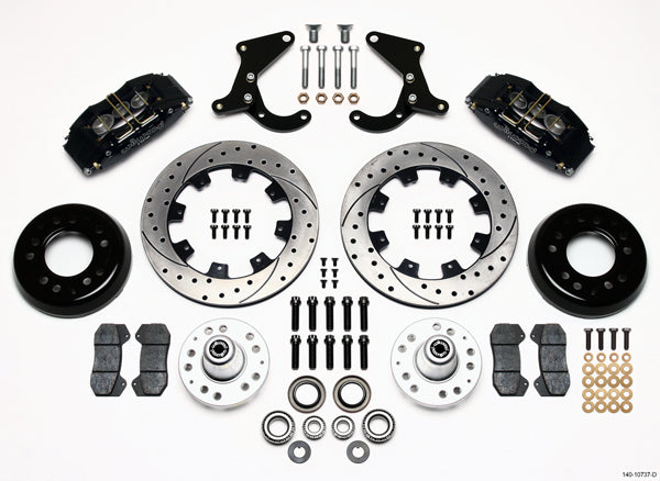 55-57 CHEVY FULL DISC BRAKE KIT,12" DRILLED ROTORS,6/4 PISTON BLACK CALIPERS