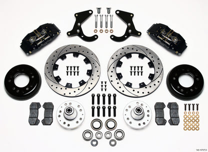 55-57 CHEVY FULL DISC BRAKE KIT,12" DRILLED ROTORS,6/4 PISTON BLACK CALIPERS