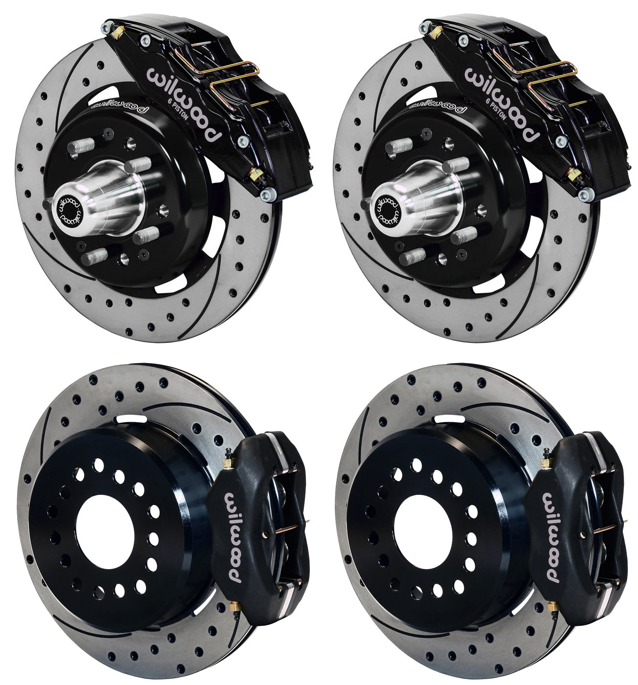55-57 CHEVY FULL DISC BRAKE KIT,12" DRILLED ROTORS,6/4 PISTON BLACK CALIPERS