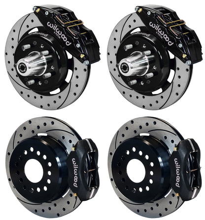 55-57 CHEVY FULL DISC BRAKE KIT,12" DRILLED ROTORS,6/4 PISTON BLACK CALIPERS