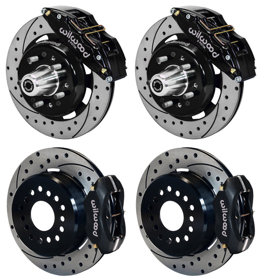 55-57 CHEVY FULL DISC BRAKE KIT,12" DRILLED ROTORS,6/4 PISTON BLACK CALIPERS