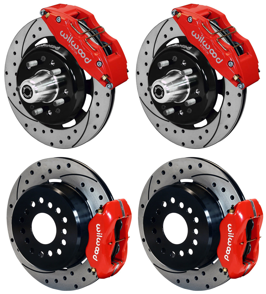 55-57 CHEVY FULL DISC BRAKE KIT,12" DRILLED ROTORS,6/4 PISTON RED CALIPERS