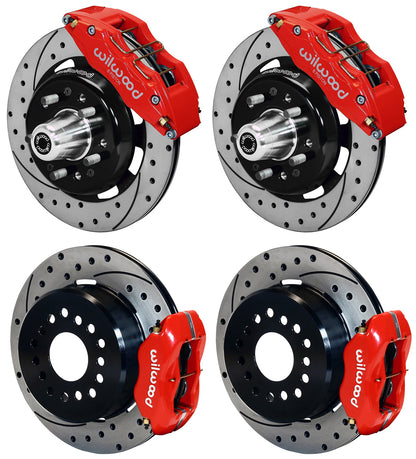 55-57 CHEVY FULL DISC BRAKE KIT,12" DRILLED ROTORS,6/4 PISTON RED CALIPERS
