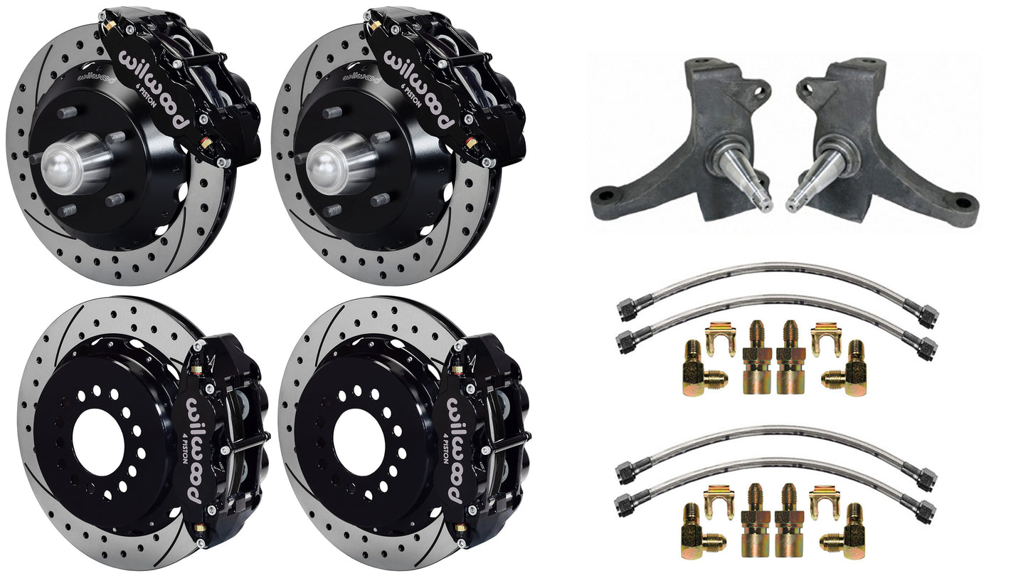 73-87 CHEVY C10 FULL DISC BRAKE KIT & RIDETECH SPINDLES,13" DRILLED,BLACK CALIP.