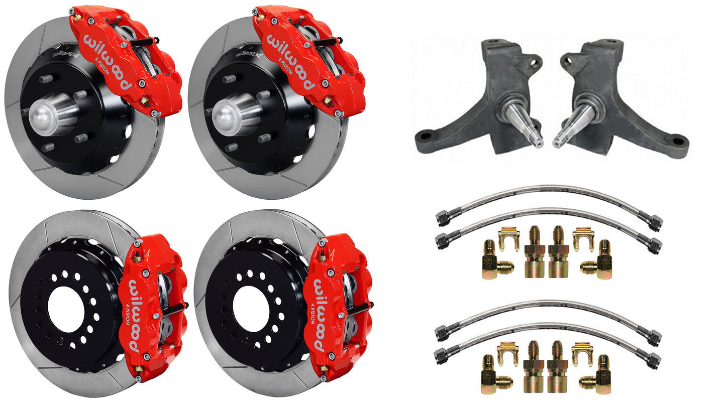 73-87 CHEVY C10 FULL DISC BRAKE KIT & RIDETECH SPINDLES,13" ROTORS,RED CALIPERS