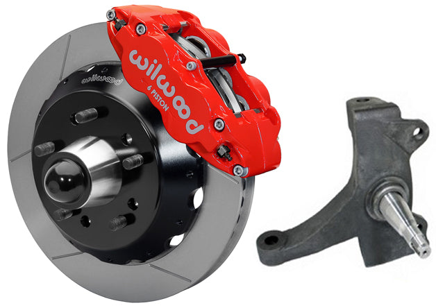 73-87 CHEVY C10 FRONT DISC BRAKE KIT & RIDETECH SPINDLES,14" ROTORS,RED CALIPERS