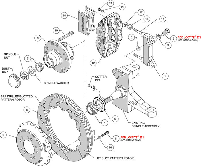 73-87 CHEVY C10 FRONT DISC BRAKE KIT & RIDETECH SPINDLES,14" ROTORS,RED CALIPERS
