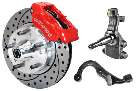 67-69 GM F-BODY FRONT DISC BRAKE KIT & 2" DROP SPINDLES & ARMS,11" DRILLED,RED