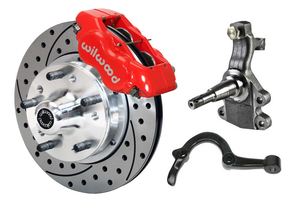 64-72 GM A-BODY FRONT DISC BRAKE KIT & 2" DROP SPINDLES & ARMS,11" DRILLED,RED