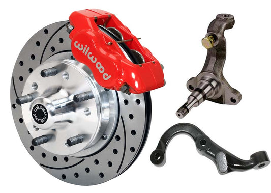 67-69 GM F-BODY FRONT DISC BRAKE KIT & STOCK SPINDLES & ARMS,11" DRILLED,RED