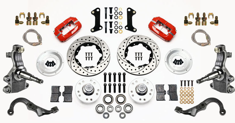 67-69 GM F-BODY FULL DISC BRAKE KIT & 2" DROP SPINDLES & ARMS,11" DRILLED,RED