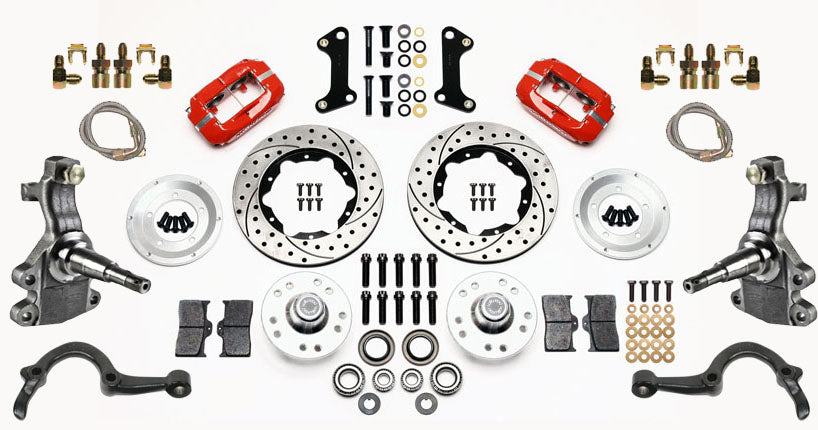 64-72 GM A-BODY FRONT DISC BRAKE KIT & 2" DROP SPINDLES & ARMS,11" DRILLED,RED