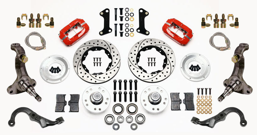 67-69 GM F-BODY FRONT DISC BRAKE KIT & STOCK SPINDLES & ARMS,11" DRILLED,RED