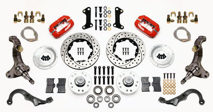67-69 GM F-BODY FRONT DISC BRAKE KIT & STOCK SPINDLES & ARMS,11" DRILLED,RED
