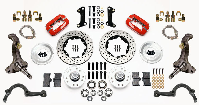 64-72 GM A-BODY FRONT DISC BRAKE KIT & STOCK SPINDLES & ARMS,11" DRILLED,RED