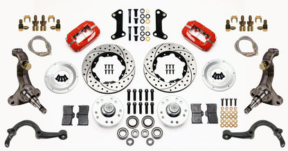64-72 GM A-BODY FRONT DISC BRAKE KIT & STOCK SPINDLES & ARMS,11" DRILLED,RED
