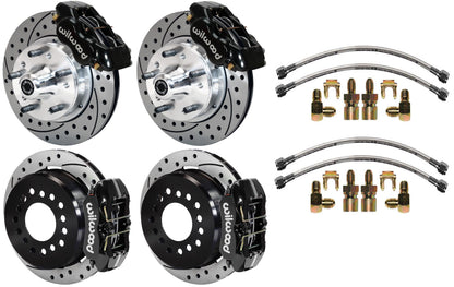 64-74 GM DISC BRAKE KIT,FRONT & REAR WITH LINES,11" DRILLED ROTORS,BLACK CALIPER
