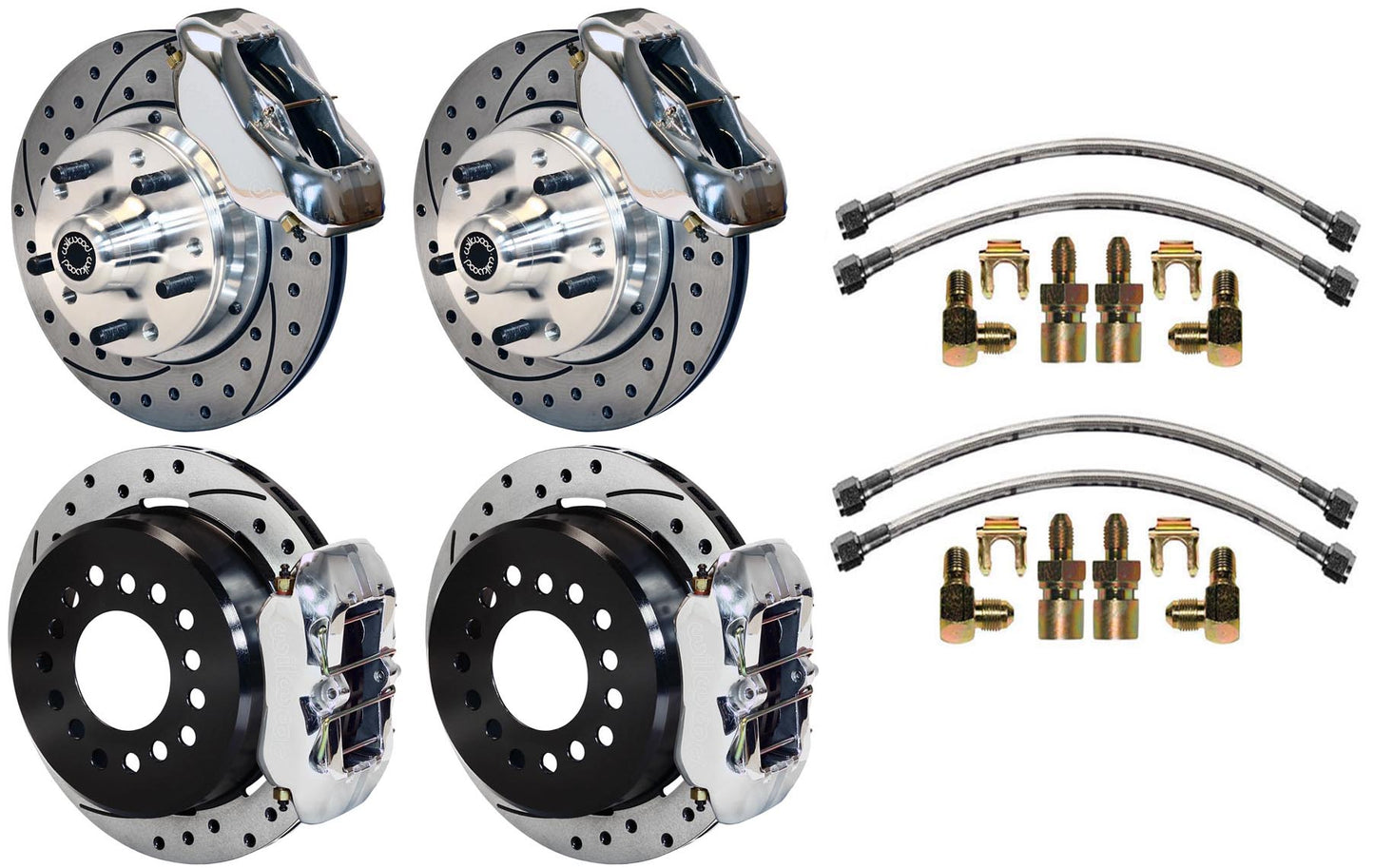 64-74 GM DISC BRAKE KIT,FRONT & REAR WITH LINES,11" DRILLED ROTORS,POLISHED CAL.