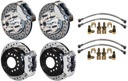 64-74 GM DISC BRAKE KIT,FRONT & REAR WITH LINES,11" DRILLED ROTORS,POLISHED CAL.