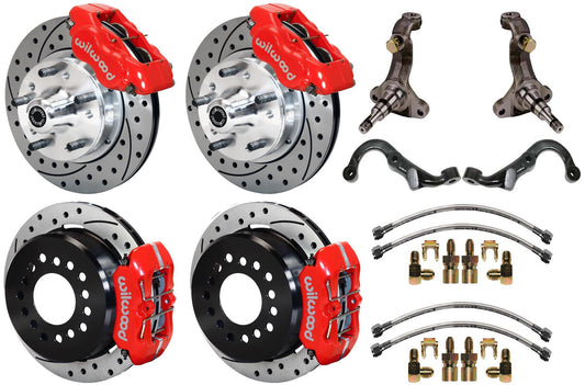 67-69 GM F-BODY FULL DISC BRAKE KIT & STOCK SPINDLES & ARMS,11" DRILLED,RED