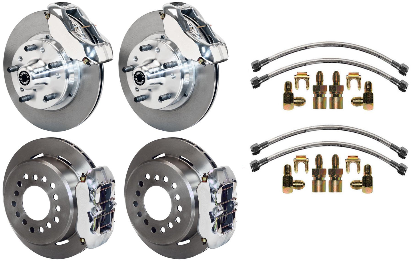 64-74 GM DISC BRAKE KIT,FRONT & REAR WITH LINES,11" ROTORS,POLISHED CALIPERS