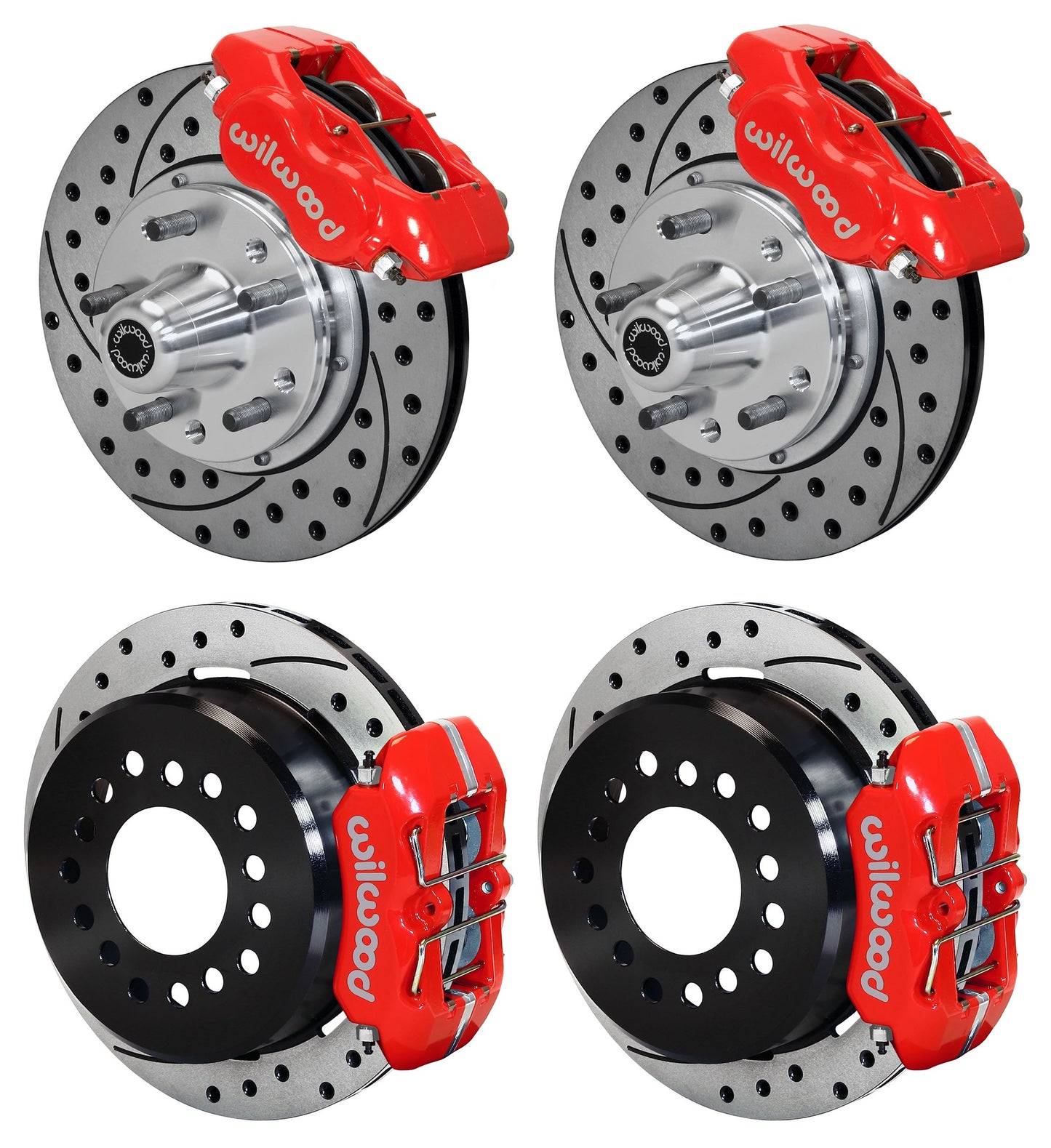 65-69 FORD,MERCURY FULL DISC BRAKE KIT,11" DRILLED ROTORS,RED CALIPERS