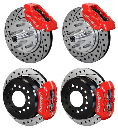 65-69 FORD,MERCURY FULL DISC BRAKE KIT,11" DRILLED ROTORS,RED CALIPERS
