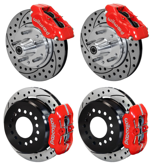 65-69 FORD,MERCURY FULL DISC BRAKE KIT,11" DRILLED ROTORS,RED CALIPERS