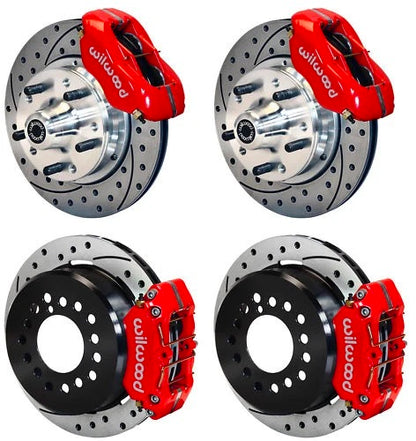 70-73 FORD,MERCURY FULL DISC BRAKE KIT,11" DRILLED ROTORS,RED CALIPERS
