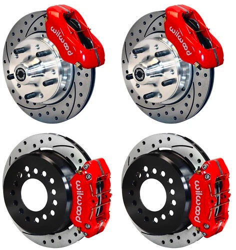 70-73 FORD,MERCURY FULL DISC BRAKE KIT,11" DRILLED ROTORS,RED CALIPERS