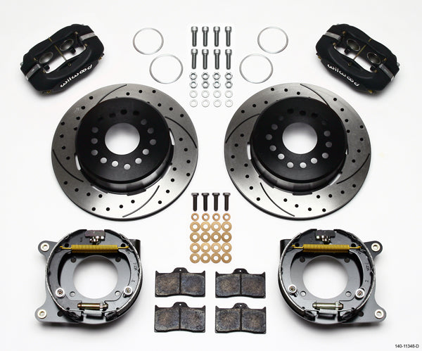 55-57 CHEVY FULL DISC BRAKE KIT,12" DRILLED ROTORS,6/4 PISTON BLACK CALIPERS