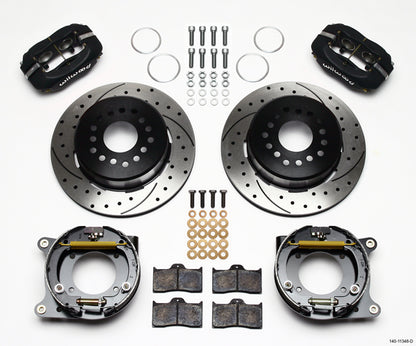 55-57 CHEVY FULL DISC BRAKE KIT,12" DRILLED ROTORS,6/4 PISTON BLACK CALIPERS