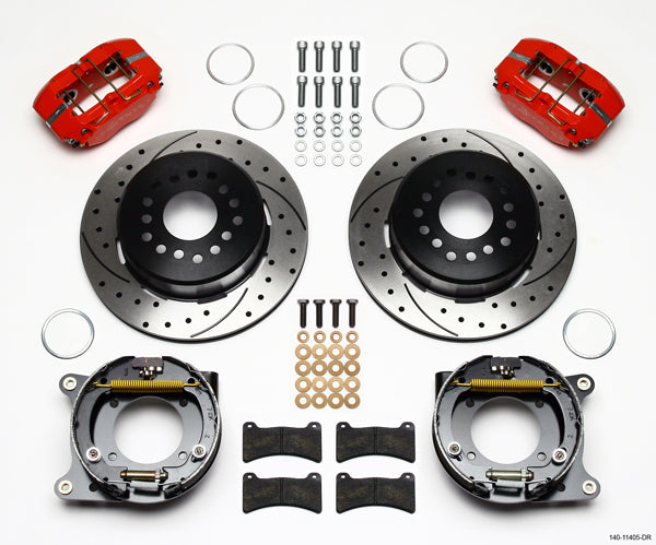 55-57 CHEVY FULL DISC BRAKE KIT,11" DRILLED ROTORS,RED CALIPERS