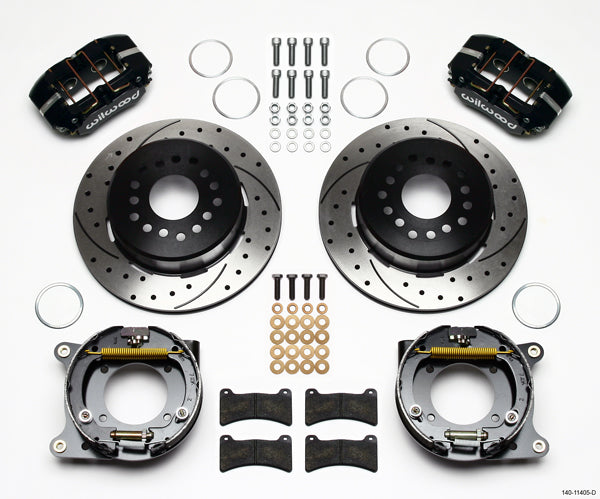 55-57 CHEVY FULL DISC BRAKE KIT,11" DRILLED ROTORS,BLACK CALIPERS