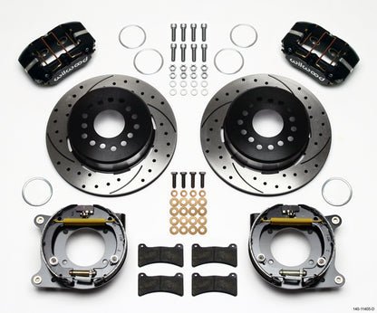 55-57 CHEVY FULL DISC BRAKE KIT,11" DRILLED ROTORS,BLACK CALIPERS
