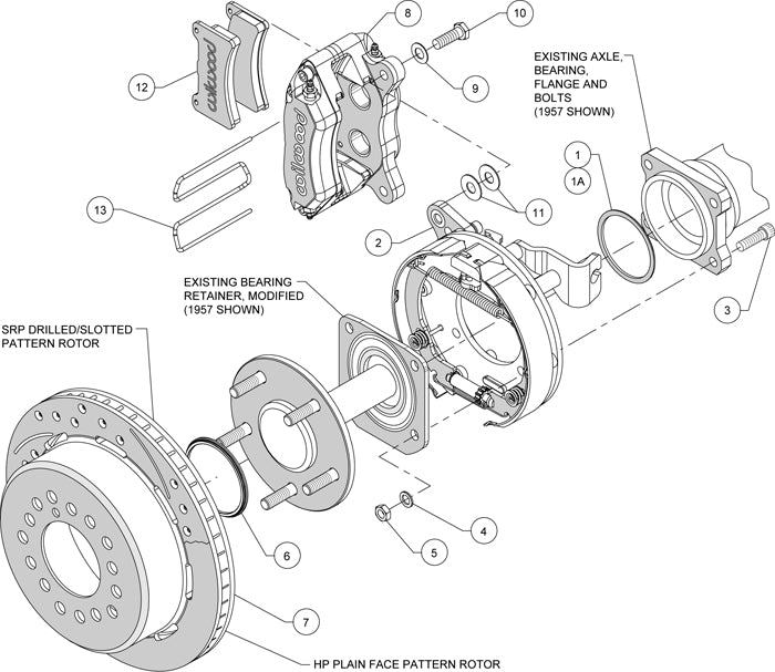 1956 CORVETTE FULL DISC BRAKE KIT,11" DRILLED ROTORS,RED CALIPERS