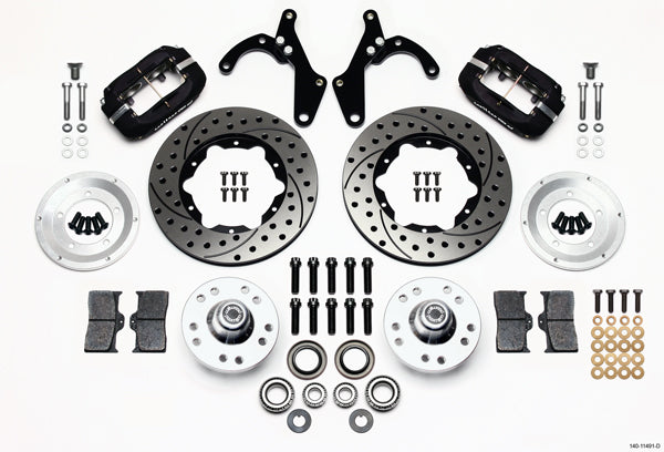 55-57 CHEVY FULL DISC BRAKE KIT,11" DRILLED ROTORS,BLACK CALIPERS
