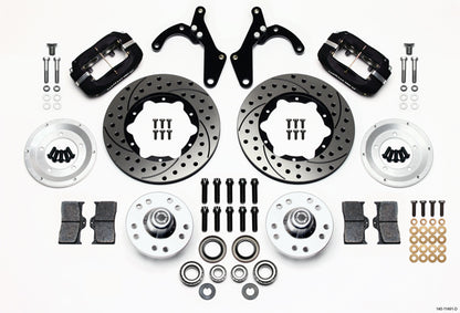 55-57 CHEVY FULL DISC BRAKE KIT,11" DRILLED ROTORS,BLACK CALIPERS