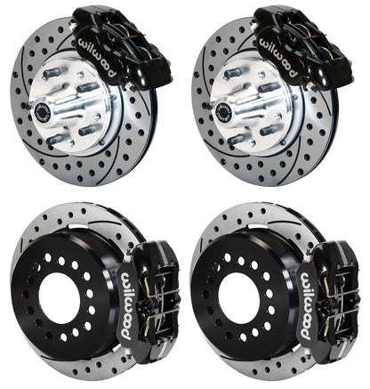 55-57 CHEVY FULL DISC BRAKE KIT,11" DRILLED ROTORS,BLACK CALIPERS
