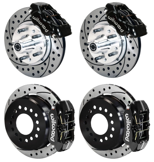 55-57 CHEVY FULL DISC BRAKE KIT,11" DRILLED ROTORS,BLACK CALIPERS