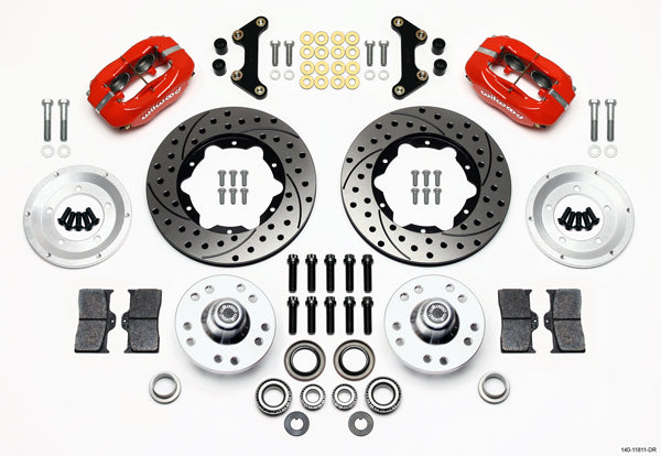 57-62 CORVETTE FULL DISC BRAKE KIT,11" DRILLED ROTORS,RED CALIPERS