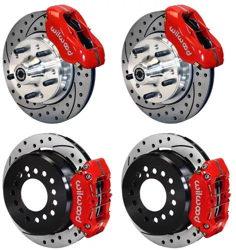 57-62 CORVETTE FULL DISC BRAKE KIT,11" DRILLED ROTORS,RED CALIPERS