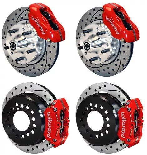 71-74 AMC FULL DISC BRAKE KIT,11" DRILLED ROTORS,RED CALIPERS