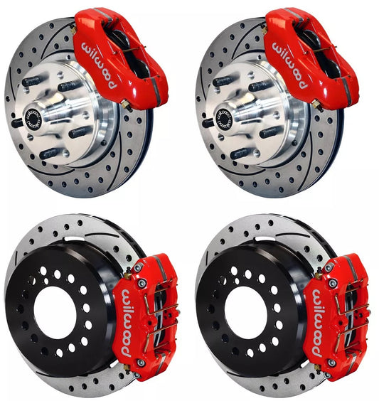 65-68 IMPALA FULL DISC BRAKE KIT,11" DRILLED ROTORS,RED CALIPERS