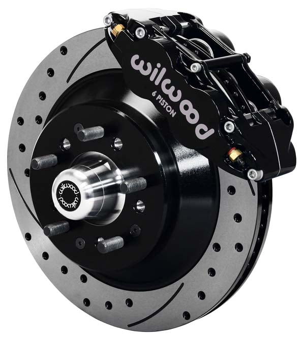 64-74 GM FRONT DISC BRAKE KIT,13" 1-PC. DRILLED ROTORS,6 PISTON SUPERLITE BLACK