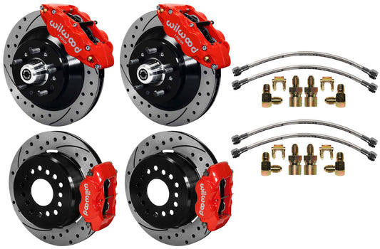 64-74 GM DISC BRAKE KIT,FRONT 13" & REAR 12" DRILLED ROTORS WITH LINES,RED CALIP