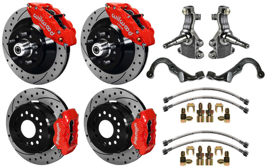 67-69 GM F-BODY FULL DISC BRAKE,2" DROP SPINDLES,ARMS,FRONT 13",REAR 12" DRL,RED