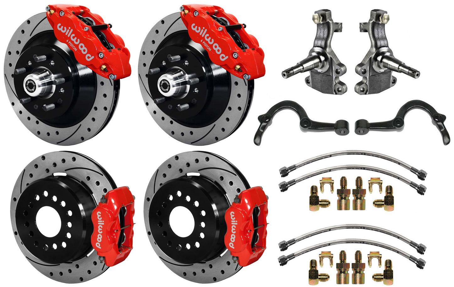 64-72 GM A-BODY FULL DISC BRAKE,2" DROP SPINDLES,ARMS,FRONT 13",REAR 12" DRL,RED