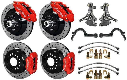 64-72 GM A-BODY FULL DISC BRAKE,2" DROP SPINDLES,ARMS,FRONT 13",REAR 12" DRL,RED